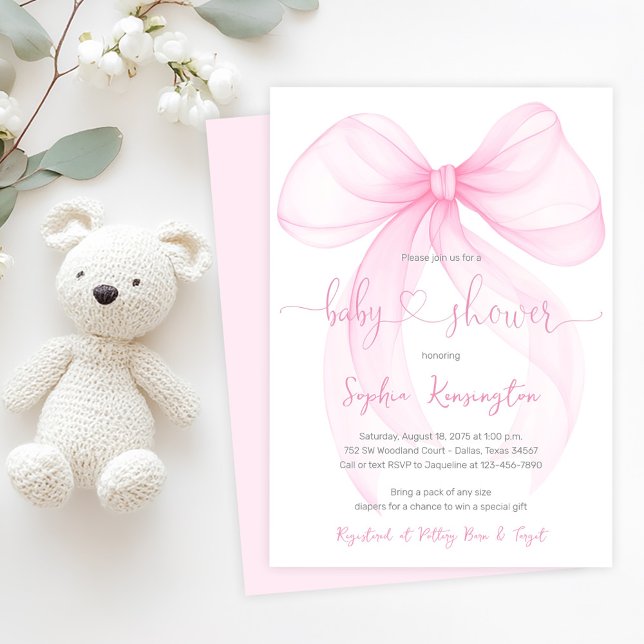 Convite Chá de Bebê com Laço Rosa Elegante (Delicate pink bow baby shower invitation. Simply add your event details.)