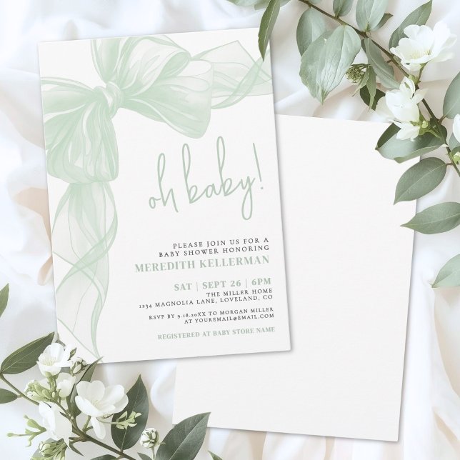 Convite Chá de Bebê com Laço Verde Sage (Sage Green Bow Baby Shower Invitation)
