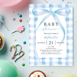 Convite Chá de Bebê com Laço Xadrez Azul Pastel