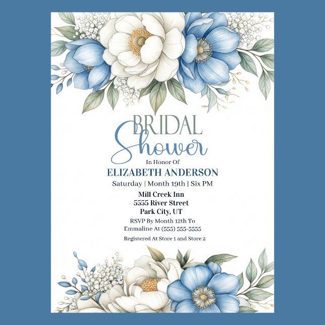 Convite Chá de Bebê com Magnólia Azul e Flor de Peônia (Blue and white magnolia and peony floral Bridal Shower invitation )