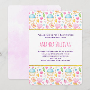 Convite Chá de Bebê com Padrão Aquarela de Corações e Amor