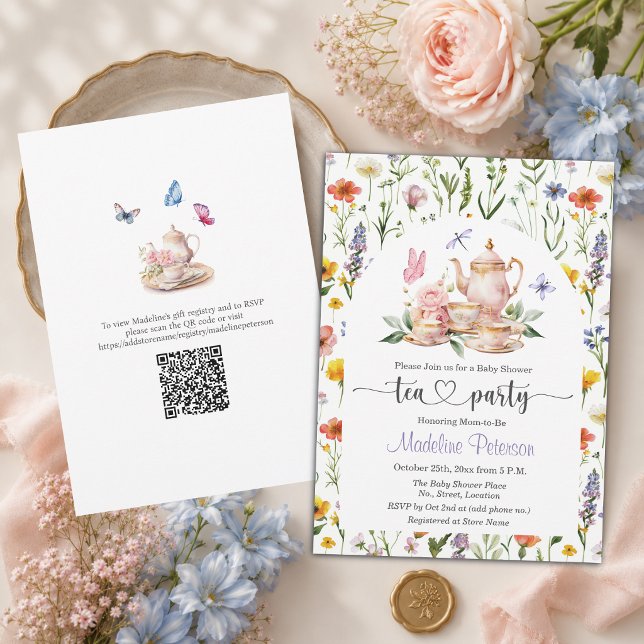 Convite Chá de Bebê com QR Code para Festa de Chá de Flore (Criador carregado)