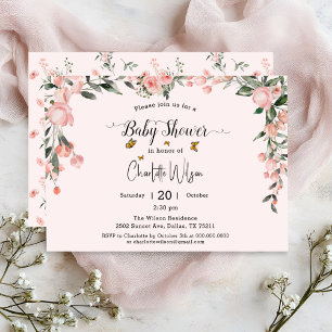 Convite Chá de Bebê com Rosas Cor-de-Rosa em Aquarela e Bo