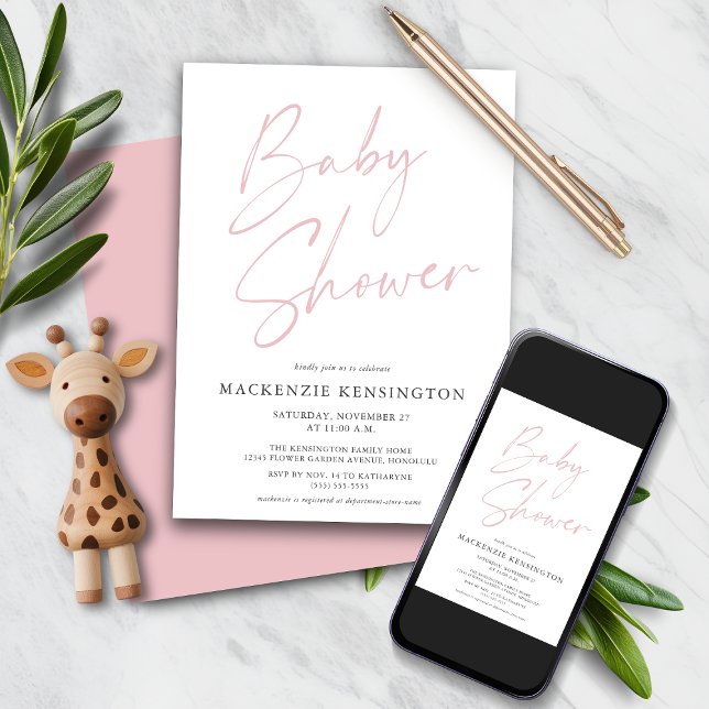 Convite Chá De Bebê Com Script Manuscrito Blush (Blush Pink Handwritten Script Baby Girl Shower Invitation with Instant download option)
