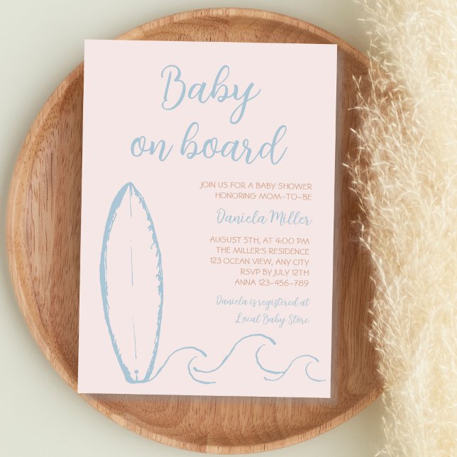 Convite Chá De Bebê Com Surf De Mão Desenhado De Bebê (Baby On Board Surf Hand Drawn Baby Boy Shower Invitation)