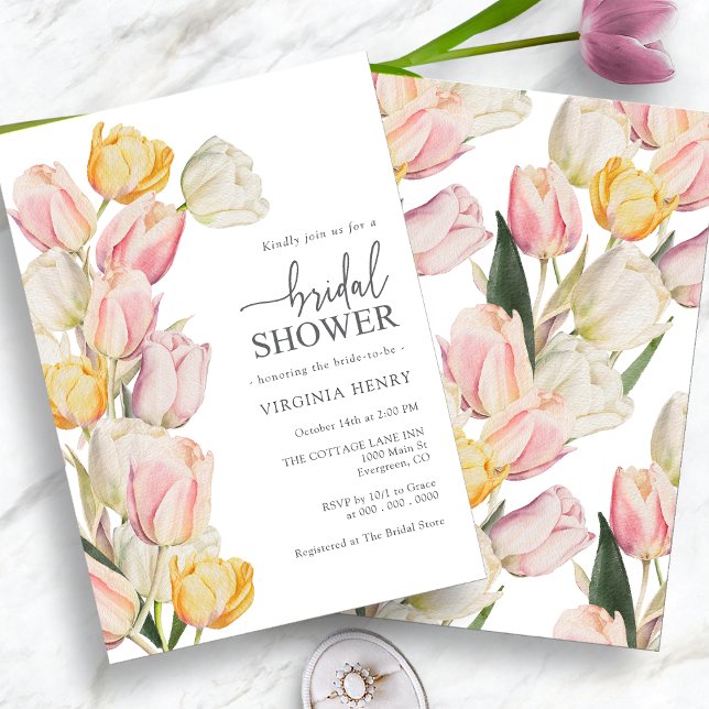 Convite Chá de Bebê com Tulipas Rosa e Amarelo (Watercolor Pink Yellow Tulips Bridal Shower Invitation by Painted Paperie
)