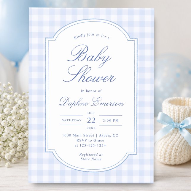Convite Chá de Bebê com Xadrez Azul (Blue Gingham Baby Shower Invitation
)