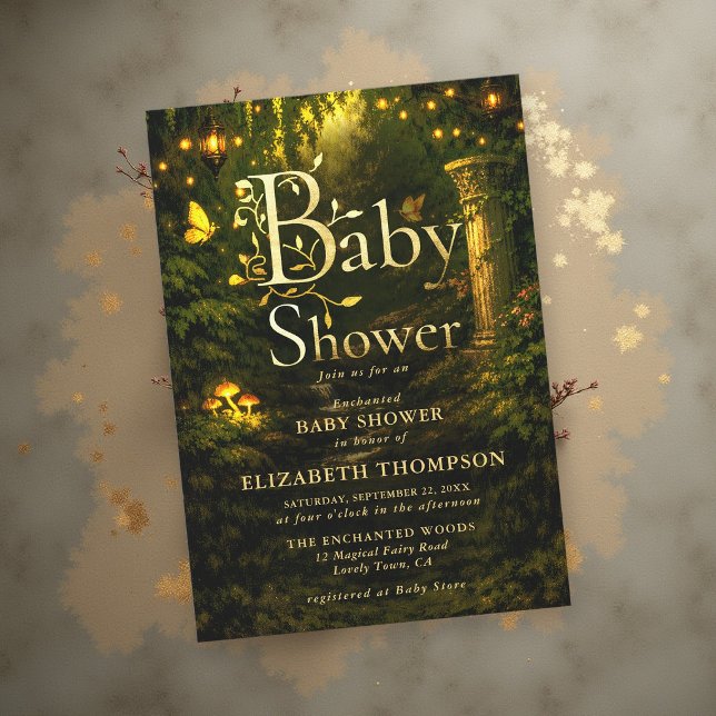 Convite Chá de Bebê Conto de Fadas Jardim Encantado (enchanted garden baby shower storybook fairytale glowing mushrooms magical fairy lights lanterns)