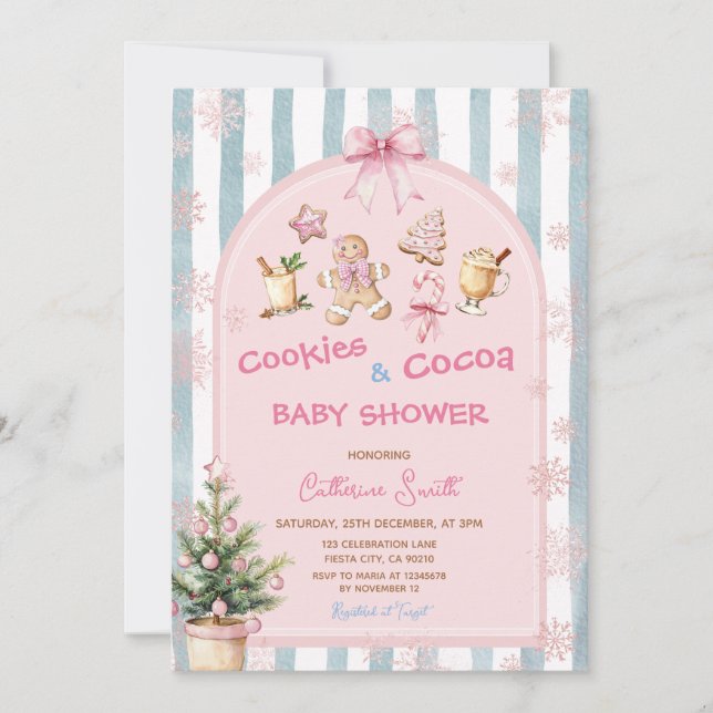 Convite Chá de Bebê Cookies Rosa e Flocos de Neve de Cacau (Frente)