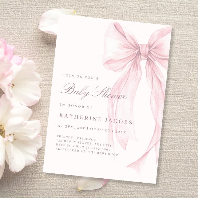 Convite Chá de Bebê Coquete Elegante Rosa (Pink Coquette Bow Baby Shower Invitation)