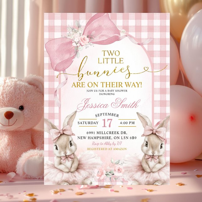 Convite Chá de Bebê Coquete Gêmeos Gingham Rosa (Criador carregado)