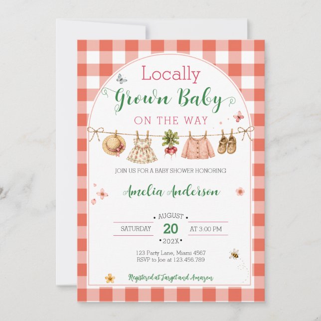 Convite Chá de Bebê Coquete Gingham Cultivado Localmente (Frente)
