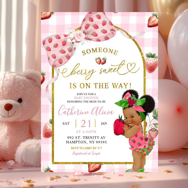 Convite Chá de Bebê Coquete Pink Gingham Morango Doce (Criador carregado)