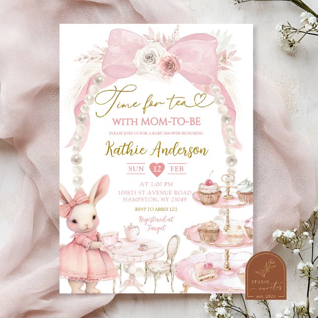 Convite Chá de Bebê Coquette Bunny com Laço Rosa Pérola (Criador carregado)