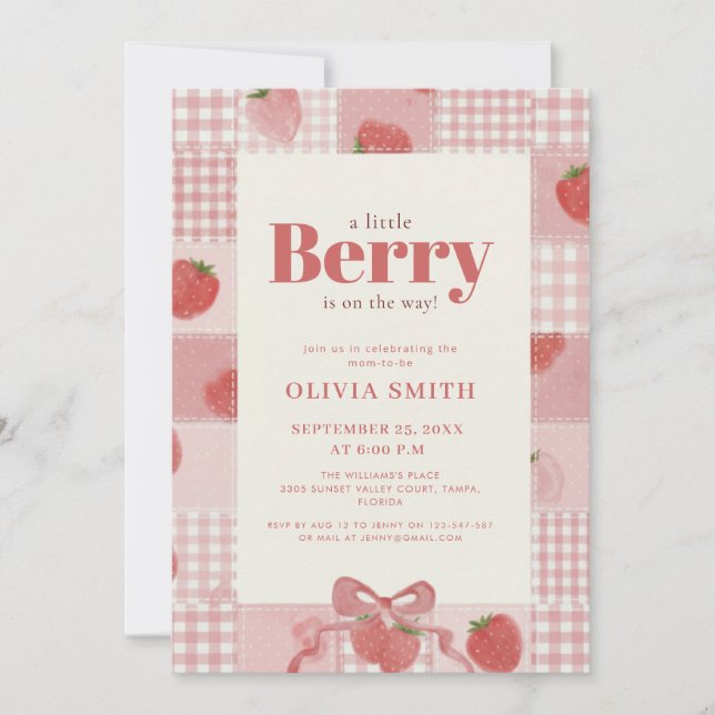 Convite Chá de Bebê Coquette Gingham Morango (Frente)