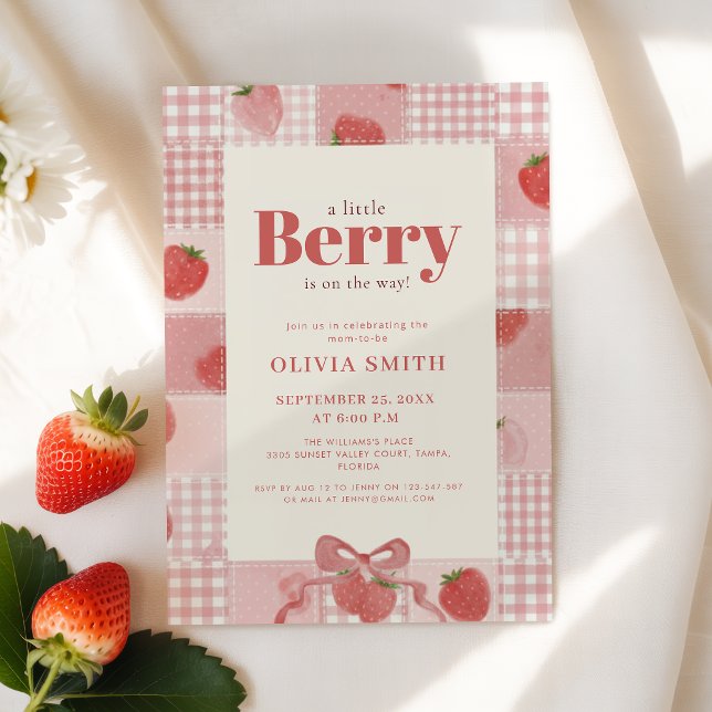 Convite Chá de Bebê Coquette Gingham Morango (Criador carregado)