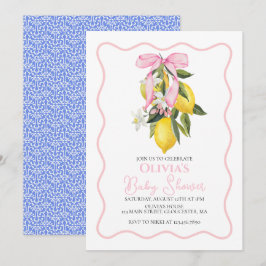 Convite Chá de bebê Coquette rosa limão com laço