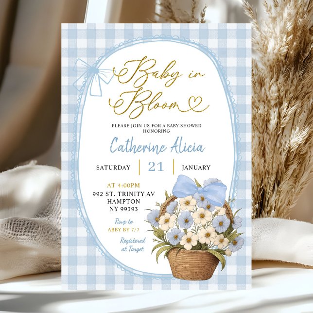 Convite Chá de Bebê Coquette Xadrez Azul Bebê em Flor (Criador carregado)