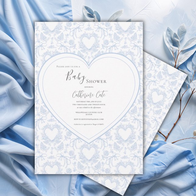 Convite Chá de Bebê Coração Caprichoso Floral Azul (Criador carregado)