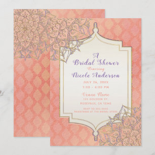 Convite Chá de Bebê Coral Dourado Lavanda Marroquino Árabe