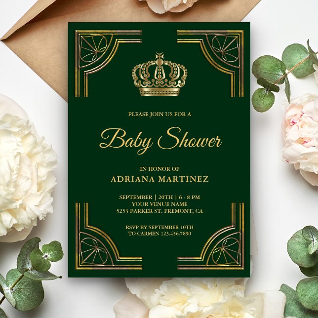 Convite Chá de Bebê Coroa Ornamentada em Dourado Verde Vin (Criador carregado)