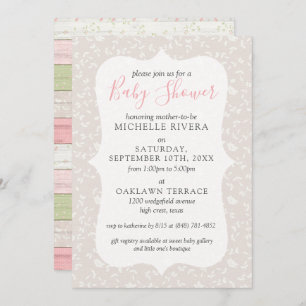 Convite Chá de Bebê Country Rústico Cinza Floral Rosa e Sa