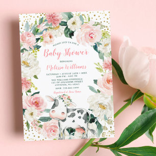 Convite Chá de Bebê Cow Girl Floral Dourado Rosa