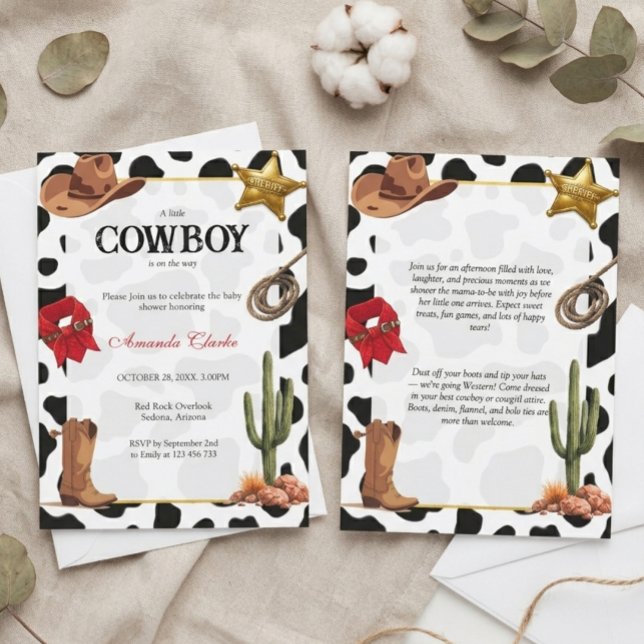 Convite Chá de Bebê Cowboy Bebê em Preto e Branco no Estil (Criador carregado)