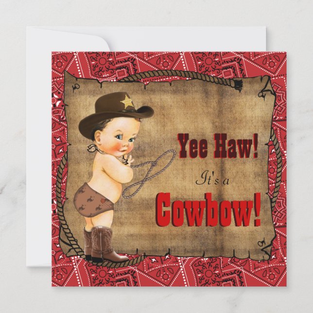 Convite Chá de Bebê Cowboy com Bandana Vermelha (Frente)