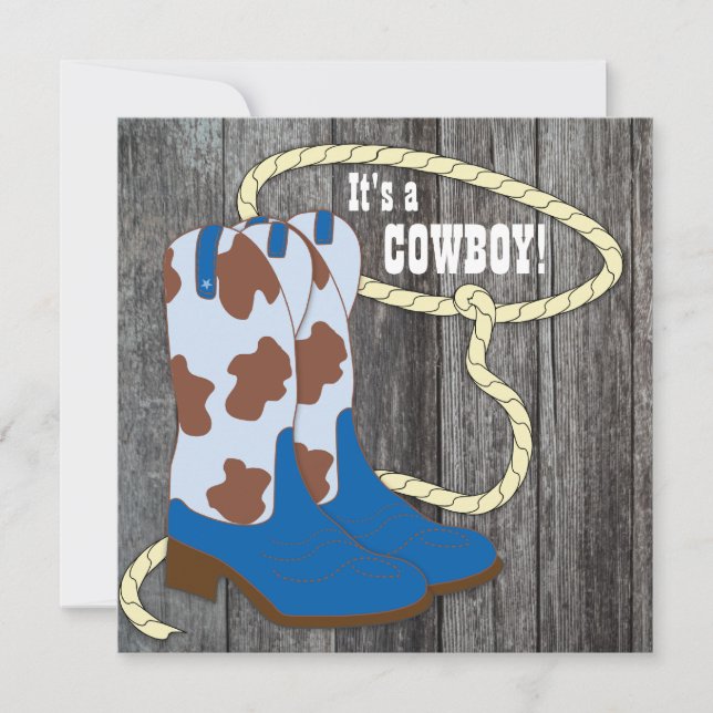 Convite Chá de Bebê Cowboy Madeira Azul Preto (Frente)