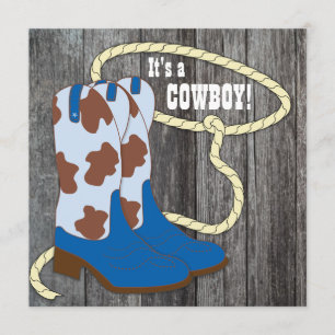 Convite Chá de Bebê Cowboy Madeira Azul Preto