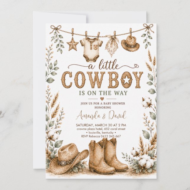 Convite Chá de Bebê Cowboy Rústico (Frente)