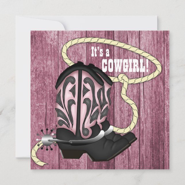 Convite Chá de Bebê Cowgirl em Madeira de Celeiro Rosa (Frente)