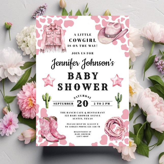 Convite Chá de Bebê Cowgirl Rosa Fofa (Cute Pink Cowgirl Baby Shower Invitation)