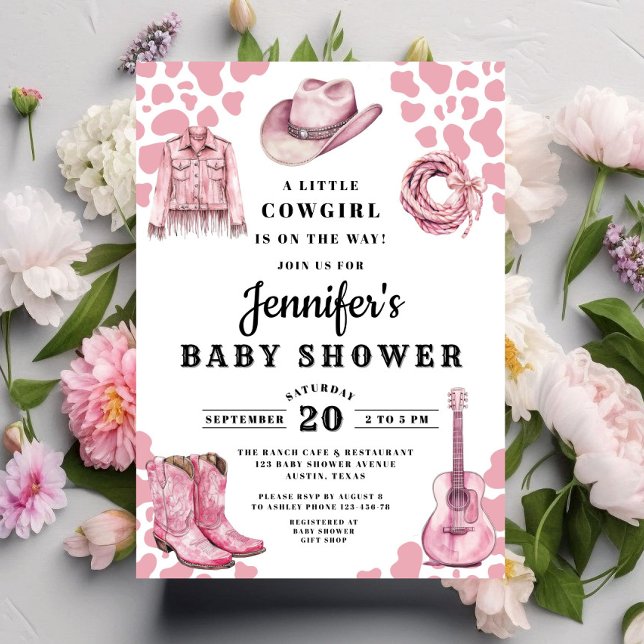 Convite Chá de Bebê Cowgirl Rosa Moderna (Modern Pink Cowgirl Baby Shower Invitation)