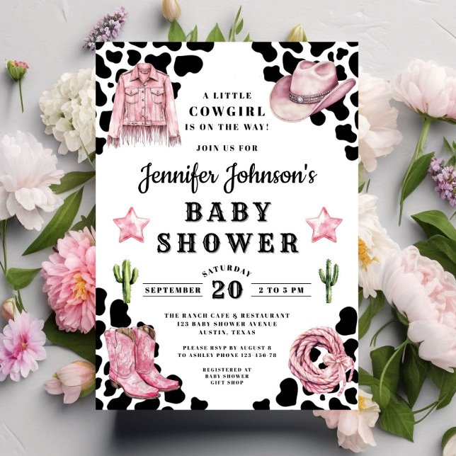 Convite Chá de Bebê Cowgirl Rosa Moderno (Modern Pink Cowgirl Baby Shower Invitation)
