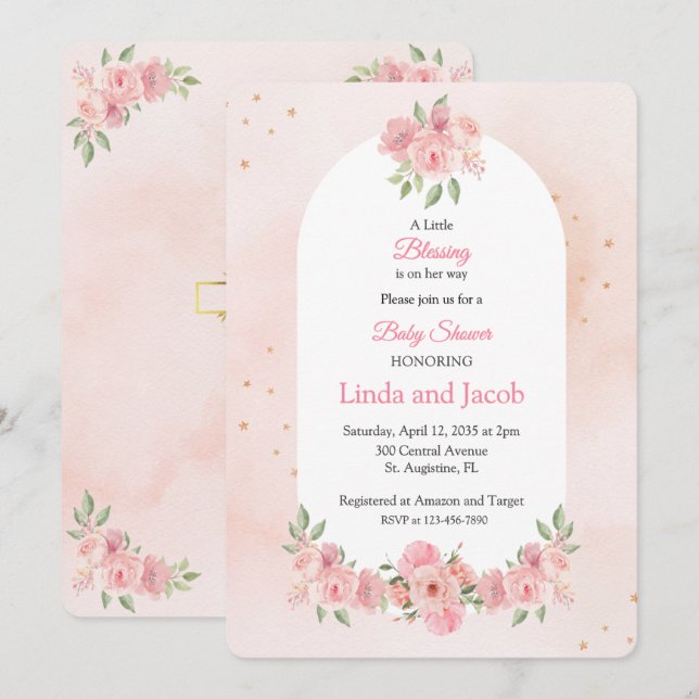 Convite Chá de Bebê Cristão Blush Floral com Cruz Dourada (Frente/Verso)