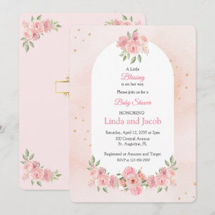 Convite Chá de Bebê Cristão Blush Floral com Cruz Dourada