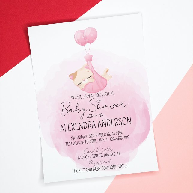 Convite Chá de Bebê Cristina Rosa Personalizada (Baby girl cat theme pink shower Invitation for cat lover mom-to be. )