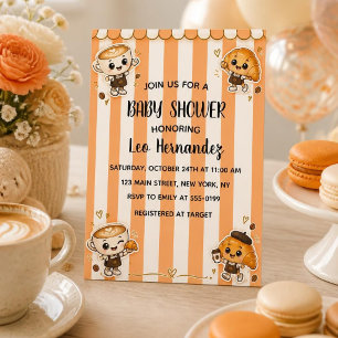 Convite Chá de Bebê Croissant Café Kawaii Fofinho Laranja