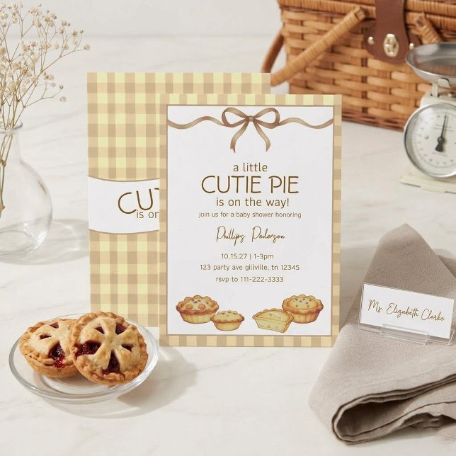 Convite Chá de Bebê Cutie Pie  Laço Neutro em Xadrez (Criador carregado)