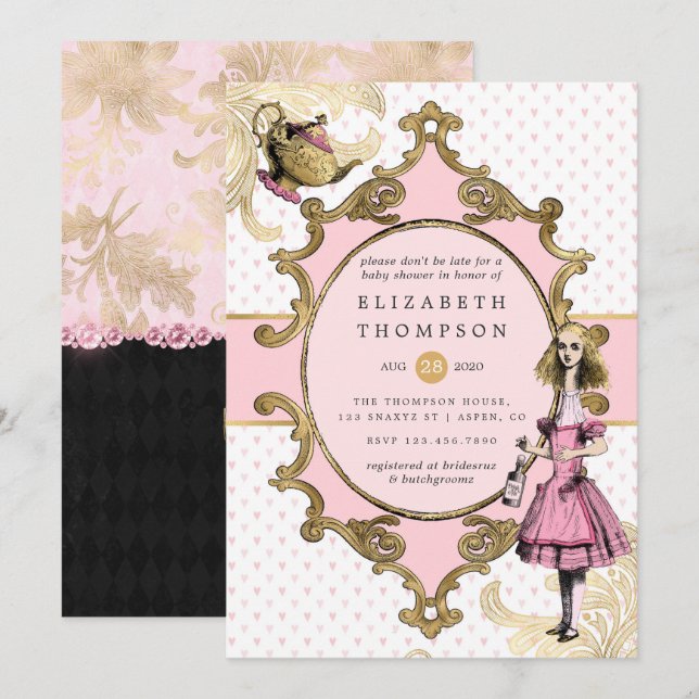 Convite Chá de Bebê da Alice no País das Maravilhas Rosa e (Frente/Verso)