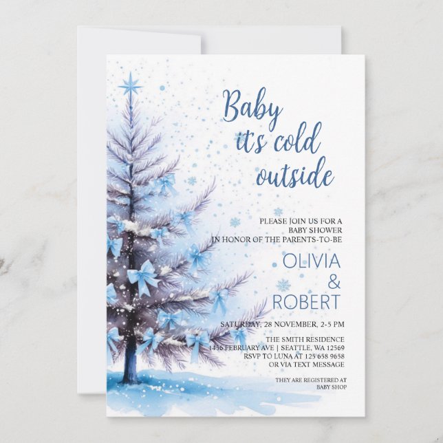 Convite Chá de Bebê da Árvore de Natal Azul (Frente)