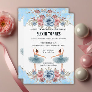 Convite Chá de Bebê da Bailarina Floral em Aquarela Azul F