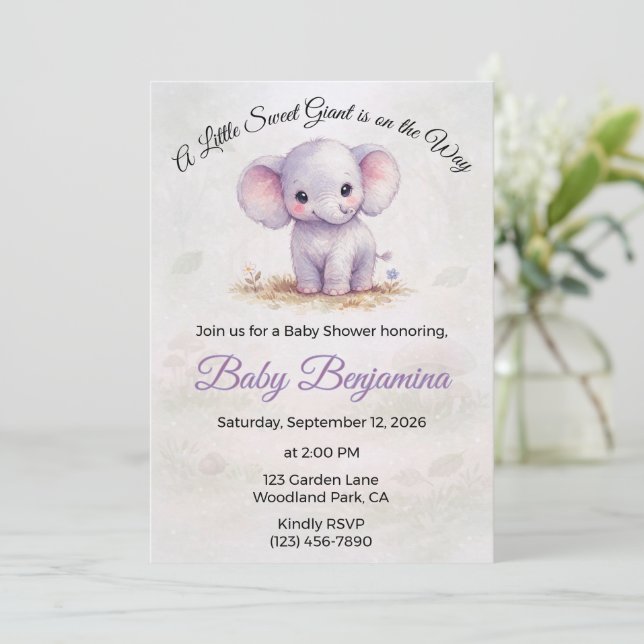 Convite Chá de Bebê da Doce Elefante Roxa Menina (Em pé/Frente)
