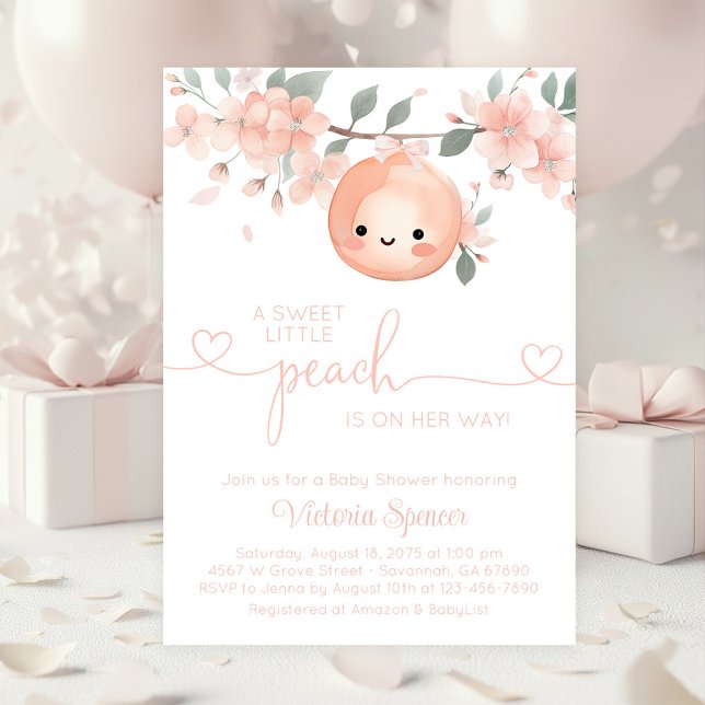 Convite Chá de Bebê da Doce Menina Pêssego (Cute little peach baby shower invitation. Simply add your event details. )