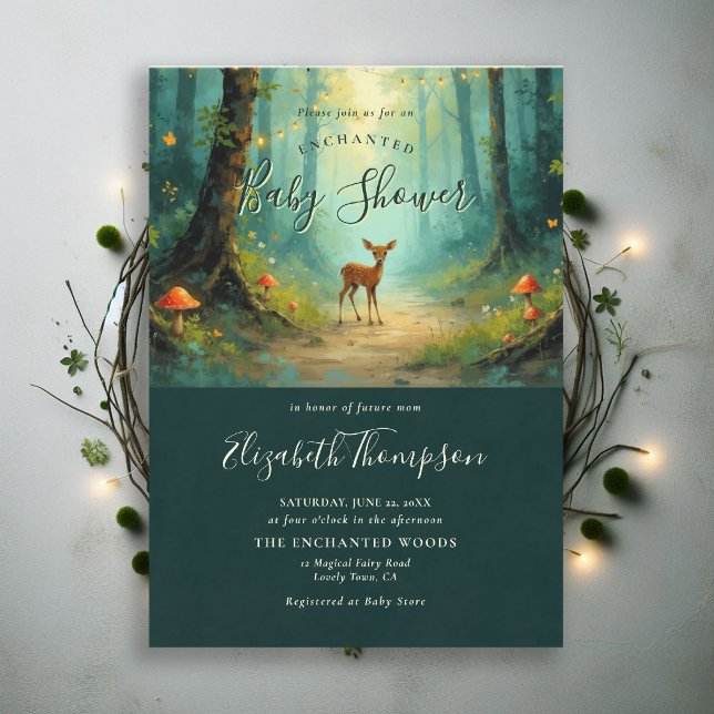Convite Chá de Bebê da Floresta Encantada Conto de Fadas M (enchanted forest baby shower theme invite magical fairy tale mushrooms woodland deer emerald)
