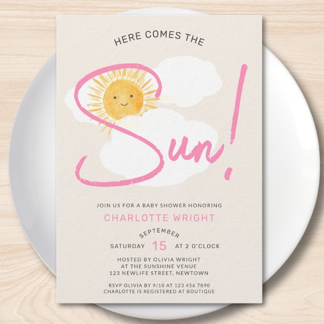 Convite Chá de Bebê da Menina 'Aqui Vem o Sol' (Criador carregado)