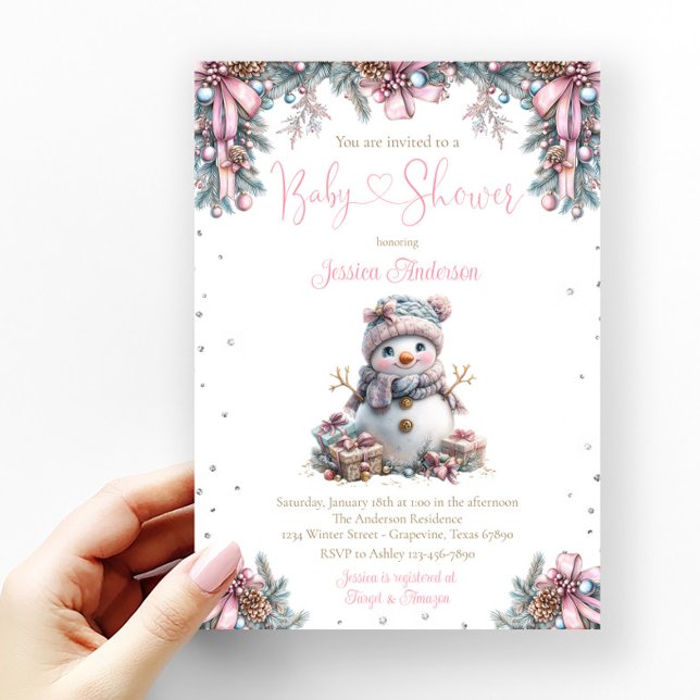 Convite Chá de Bebê da Menina Boneco de Neve (Cute baby girl snowman baby shower invitation with adorable baby snowman.)