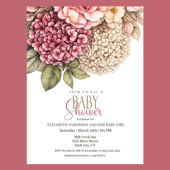 Convite Chá de Bebê da Menina com Hortênsia e Rosa (Pretty Hydrangea and Rose Baby Shower Invitation)